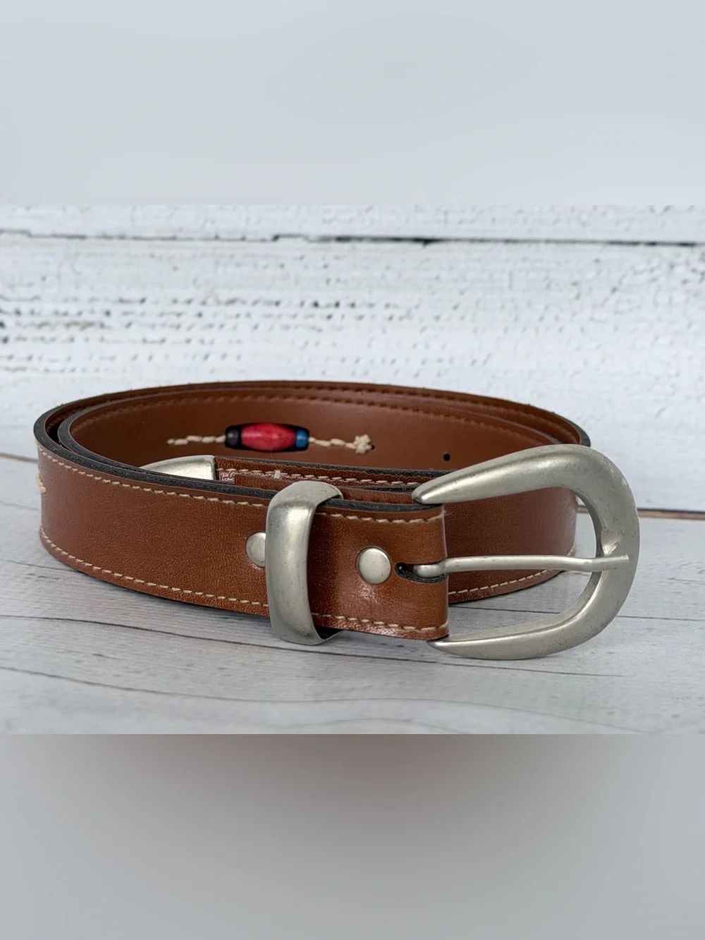 Vintage Western Brown Leather Belt Horseshoe Silver Buckle Boho Beaded Inlay